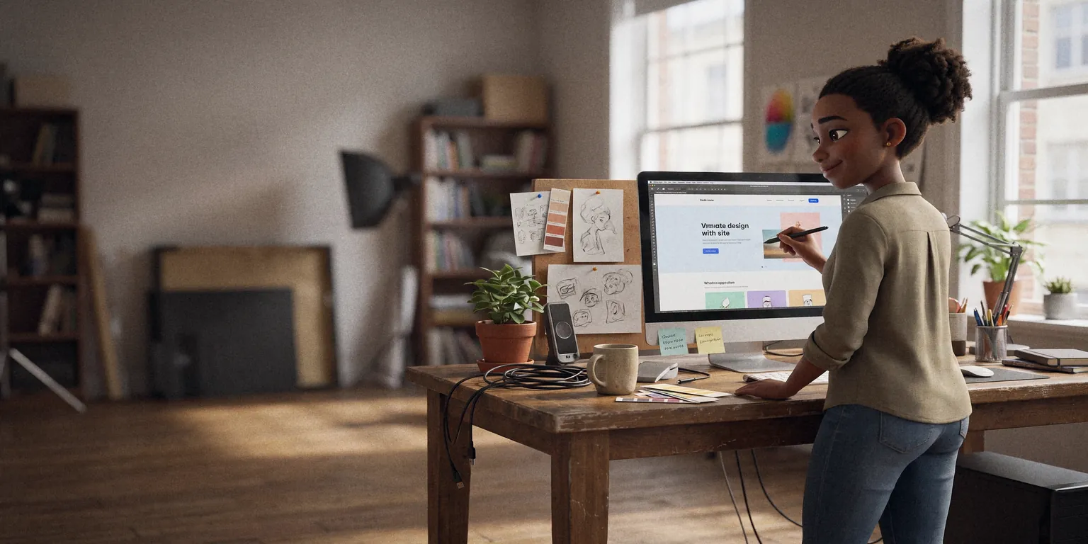 A designer working on a website at her desk