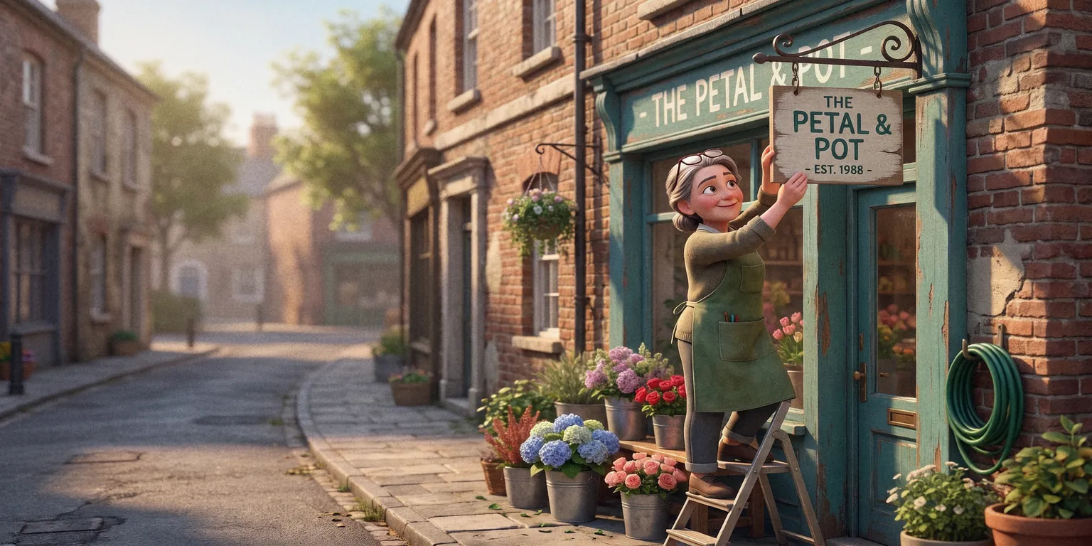 A florist hanging a hand painted shop sign above her door