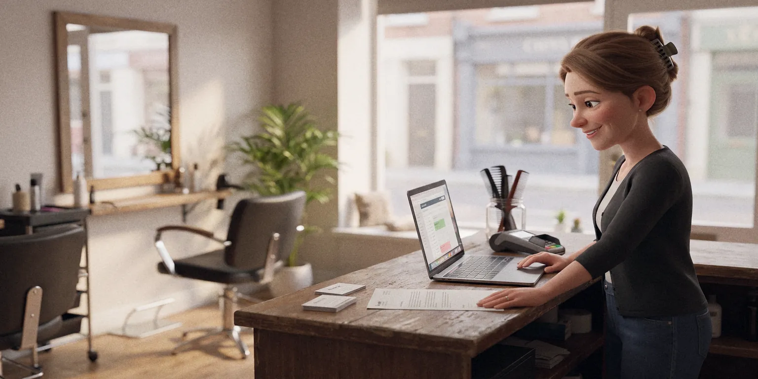 A salon owner reading an email on a laptop at her counter