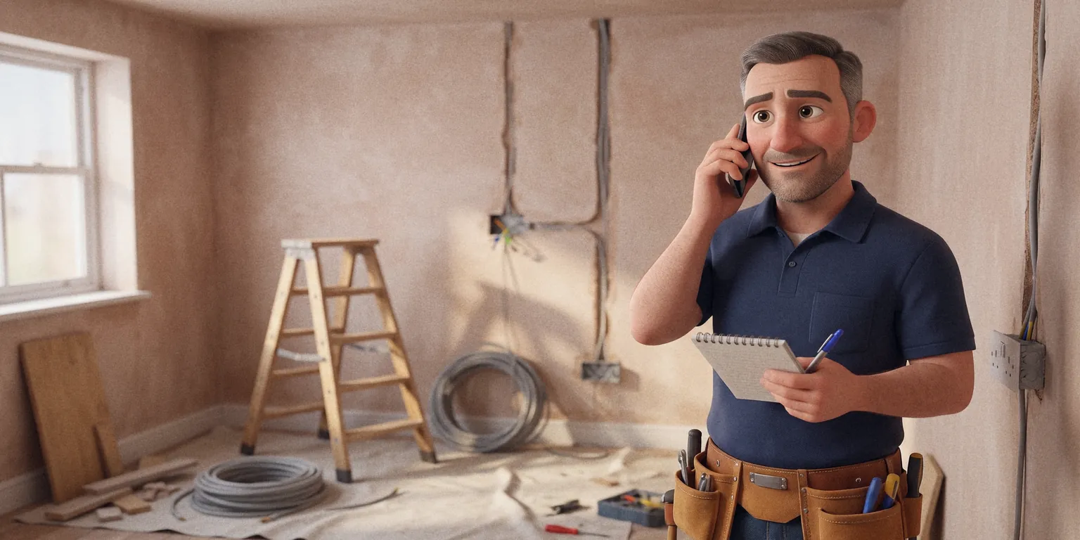 An electrician taking a call on site