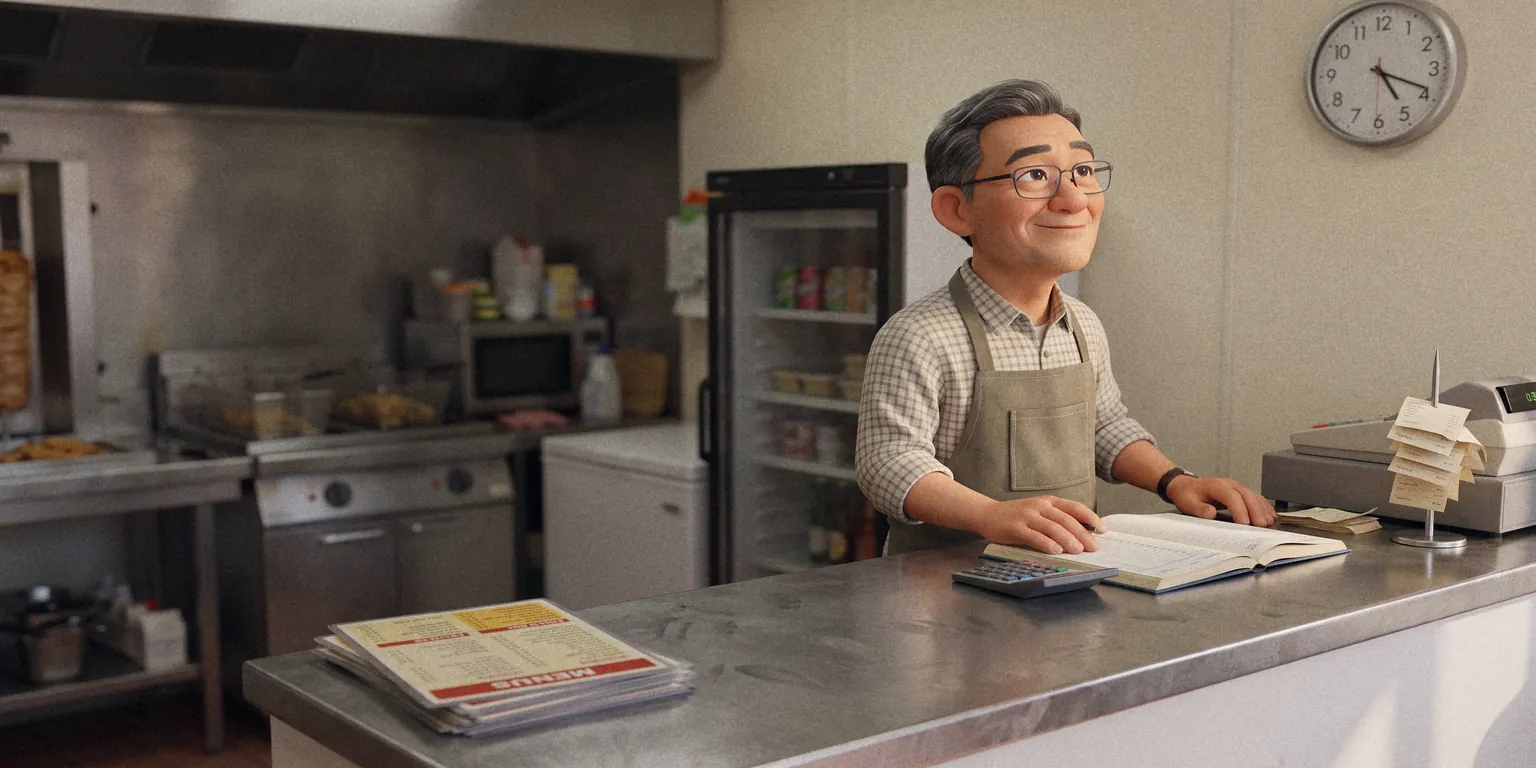 A shop owner going through the month's figures
