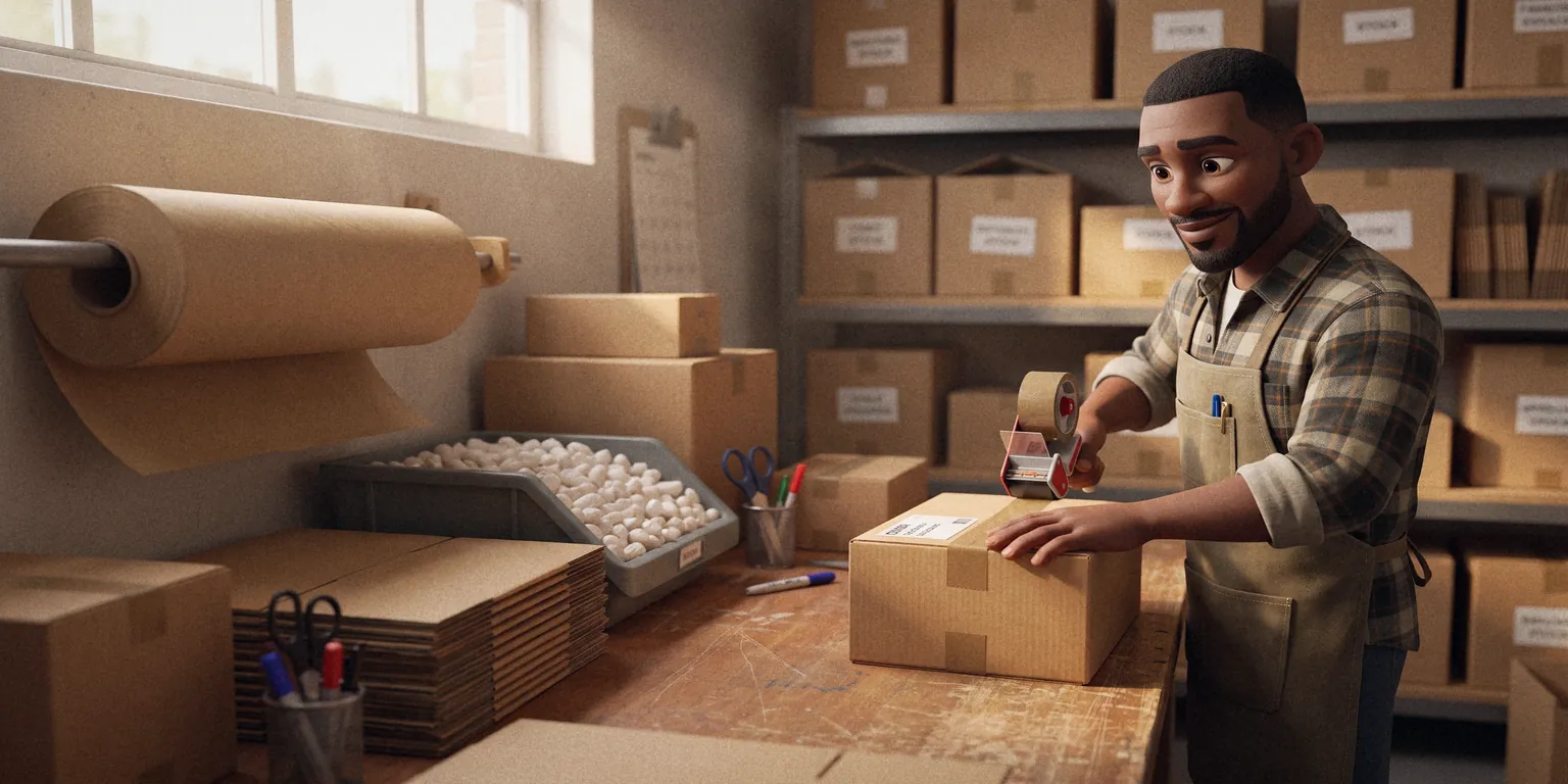 A maker taping up a parcel at his packing bench