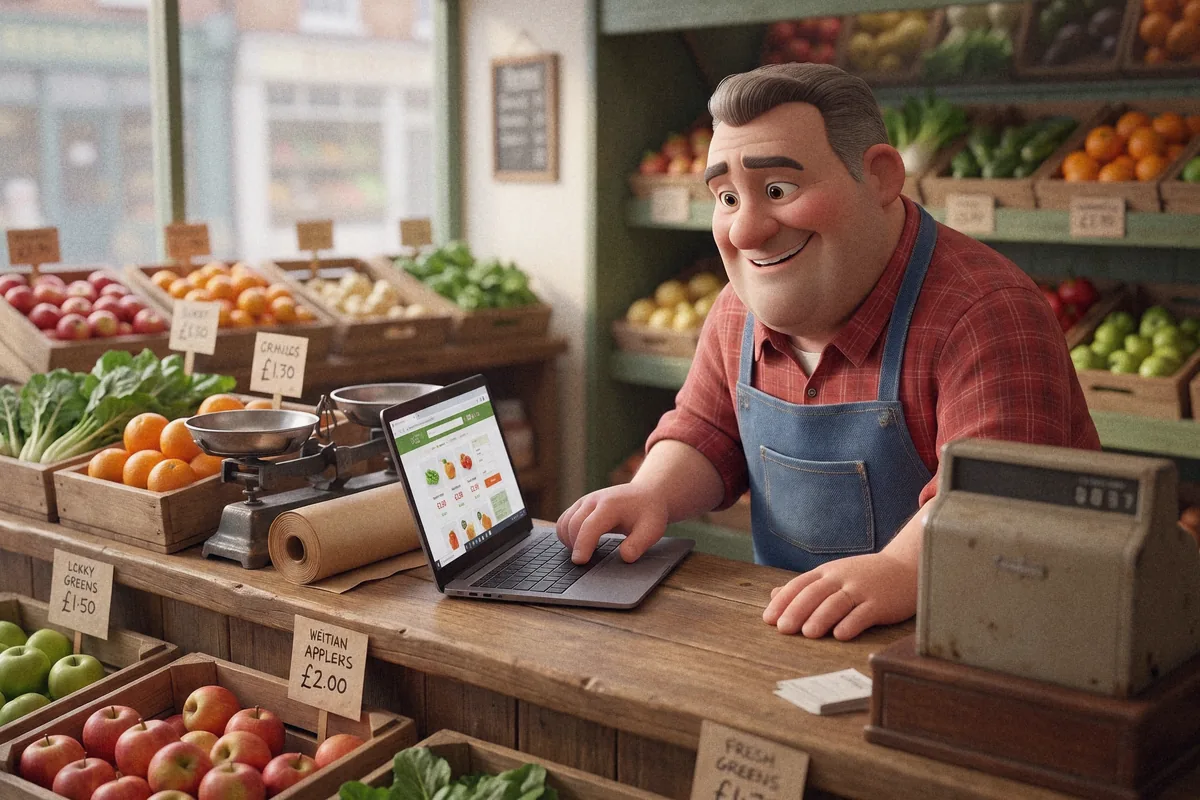A greengrocer changing a price on a laptop behind his counter