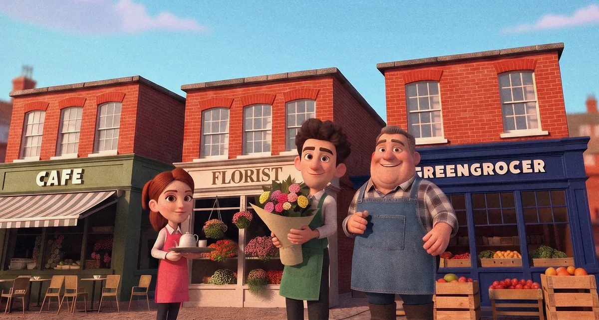A British high street with a cafe, a florist and a greengrocer